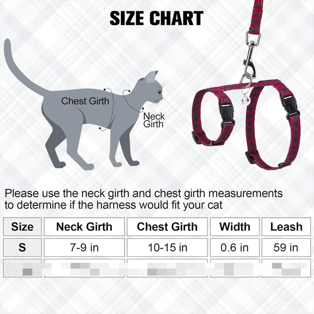 Breathable Plaid Ribbon Nylon Adjustable Escape Proof Cat Harness Leash Small